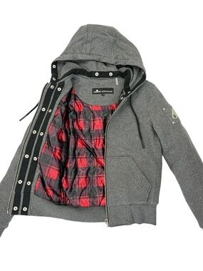 Moose Knuckles Gray Hooded Jacket with Red Plaid Lining